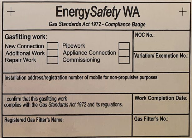 Energy Safety Compliance Badge for the installation of Type B Gas Appliance