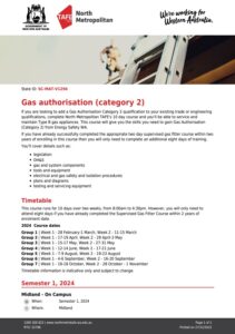 Gasfitting Authorisation category 2 course - North Metro TAFE information flyer